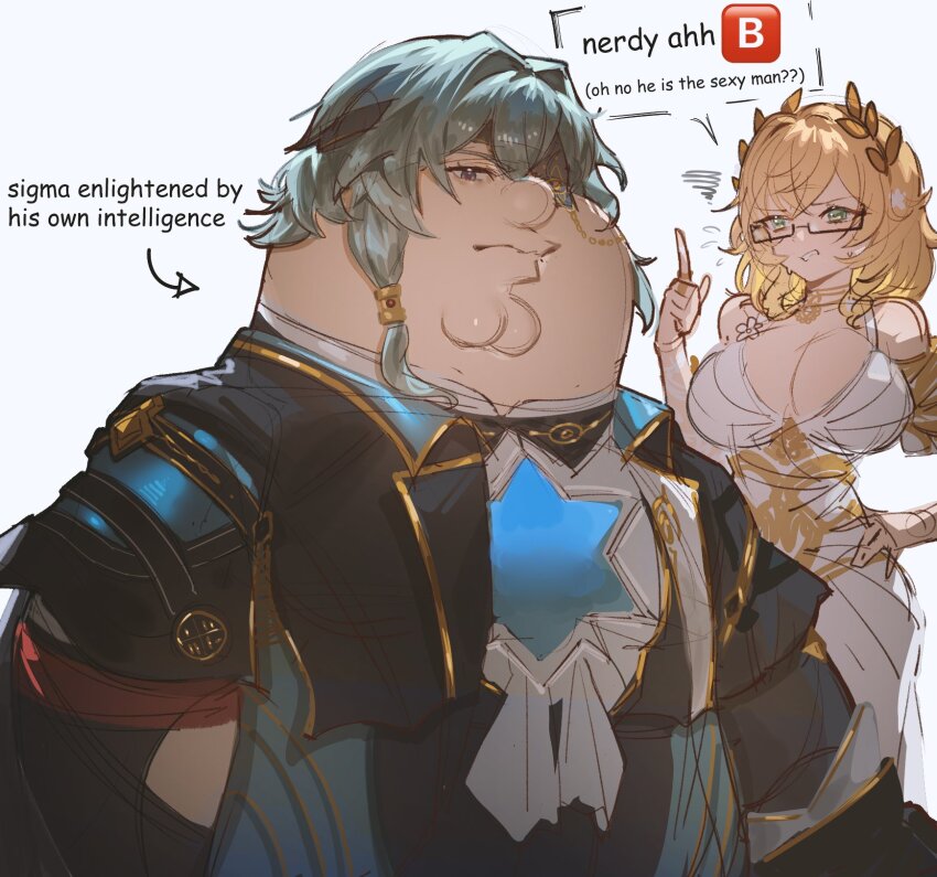 1boy, 1girl, aglaea_(honkai:_star_rail), anaxa_(honkai:_star_rail), anaxa_(honkai:_star_rail)_(cosplay), arrow_(symbol), blonde_hair, blue_hair, breasts, cleavage, cleft_chin, commentary, cosplay, dress, english_commentary, english_text, eyepatch, family_guy, fat, fat_man, glasses, greco-roman_clothes, green_eyes, hair_intakes, highres, honkai:_star_rail, honkai_(series), kowai_(iamkowai), large_breasts, laurel_crown, peter_griffin, white_dress
