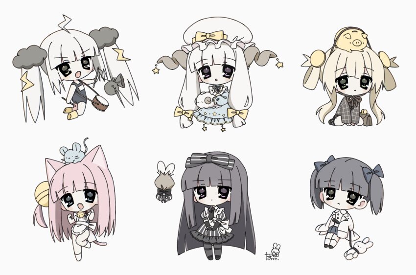 2000s_(style), animal_ears, apron, blunt_bangs, bow, cat_ears, chibi, chibi_only, cloud_hair_ornament, dress, frills, gloves, gothic_lolita, hair_bow, hair_ornament, highres, lightning_bolt, lightning_bolt_hair_ornament, lightning_bolt_symbol, lolita_fashion, long_hair, open_mouth, original, pale_skin, pluspod, raiu-chan_(pluspod), shoes, sidelocks, socks, tail, tareme, twintails, white_hair