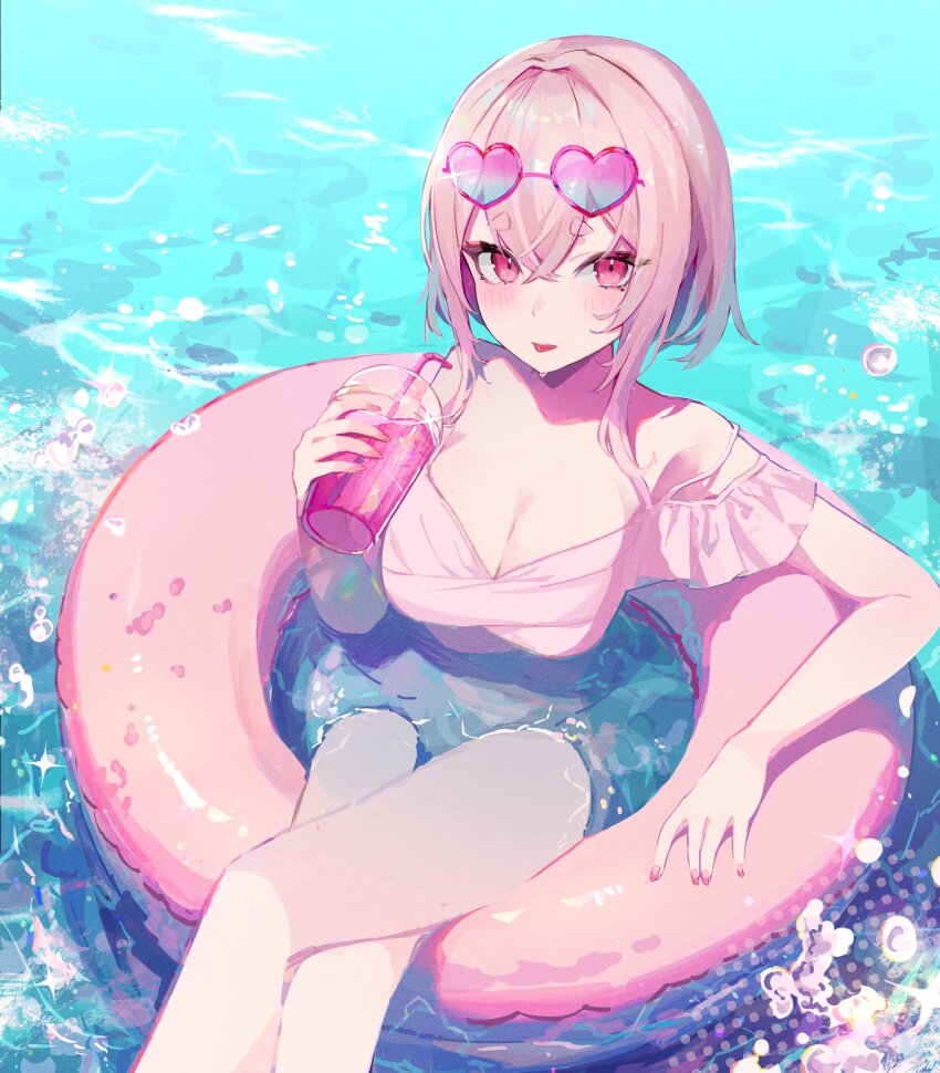 1girl, absurdres, bikini, blue-tinted_eyewear, blush, breasts, cleavage, commentary