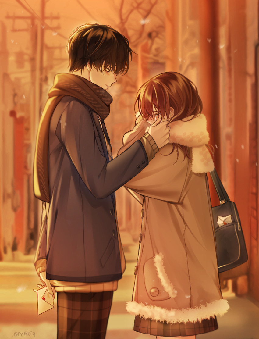 1boy, 1girl, arm_behind_back, artist_name, bag, black_bag, black_hair, black_necktie