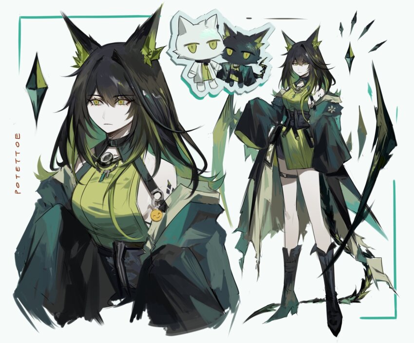 2girls, animal_ears, animalization, arknights, artist_name, black_boots, black_coat, boots