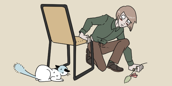 1boy, akaiti, animal, animalization, brown_hair, cat, cat_teaser, chair