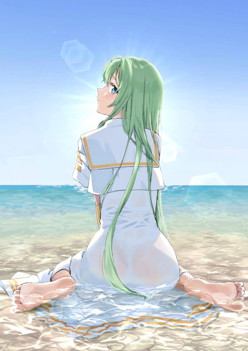 1girl, alice_carroll, aogirism, aria_(manga), ass, barefoot, beach, blue_eyes, blue_sky, day, dress, eyelashes, feet, from_behind, full_body, gold_trim, green_hair, highres, lens_flare, long_dress, long_hair, looking_at_viewer, looking_back, orange_planet_uniform, outdoors, partially_submerged, sailor_collar, short_sleeves, sitting, sky, soles, solo, toes, very_long_hair, wariza, water, wet, wet_clothes, wet_dress, white_dress
