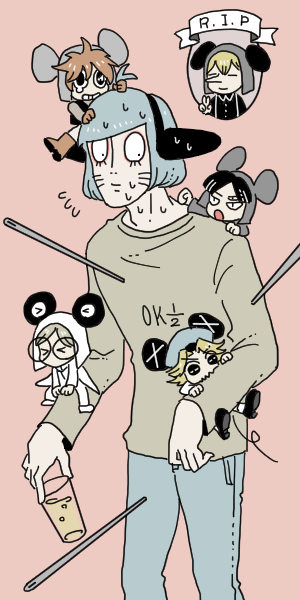 6+boys, akaiti, animal_ears, animal_hat, biting, blue_hair, cup, facial_mark, fake_animal_ears, flying_sweatdrops, grabbing_own_hair, hat, holding, holding_cup, holding_own_hair, kinder_surprised_michael_jr., male_focus, mini_person, miniboy, mouse_boy, mouse_hat, mouse_tail, multiple_boys, needle, nyon_(randal's_friends), on_head, person_on_head, person_on_shoulder, pink_background, present_day_problem_takeuchi_robert, randal's_friends, ratman_3_(randal's_friends), ratman_4_(randal's_friends), ratman_5_(randal's_friends), rest_in_peace_(phrase), sewing_needle, short_hair, simple_background, stab, standing, sweat, tail, whisker_markings