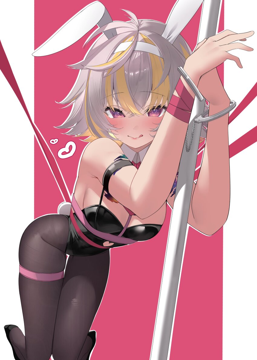 1girl, :q, absurdres, animal_ear_hairband, animal_ears, arm_strap, black_leotard, black_shoes