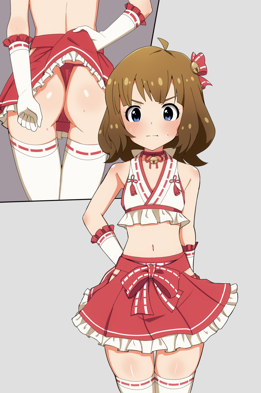 1girl, absurdres, ahoge, ass, bell, blue_eyes, blush, brown_hair, choker, commission, concept_maihime_(idolmaster), fundoshi, gloves, hair_ornament, highres, idolmaster, idolmaster_million_live!, idolmaster_million_live!_theater_days, japanese_clothes, loli, looking_at_viewer, miko, neck_bell, nejime_(nejimeinu), nontraditional_miko, short_hair, skeb_commission, smile, solo, suou_momoko, thighhighs