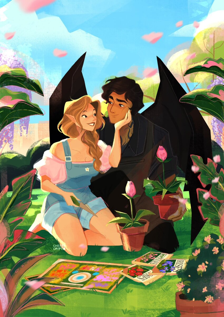 1boy, 1girl, a_court_of_thorns_and_roses_(series), azriel_(acotar), bat_wings, black_hair, black_wings, blue_overalls