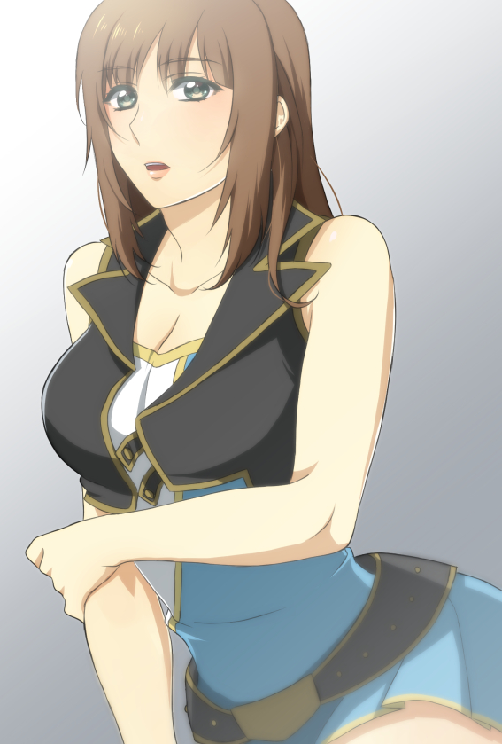 belt, breasts, brown_hair, cleavage, dress, green_eyes, lips, long_bangs