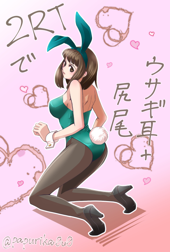 animal_ears, back, breasts, brown_eyes, brown_hair, cleavage, fake_animal_ears, fake_tail