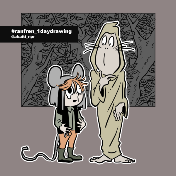 2boys, akaiti, animal_hat, black_vest, boots, brown_background, crossover, english_text