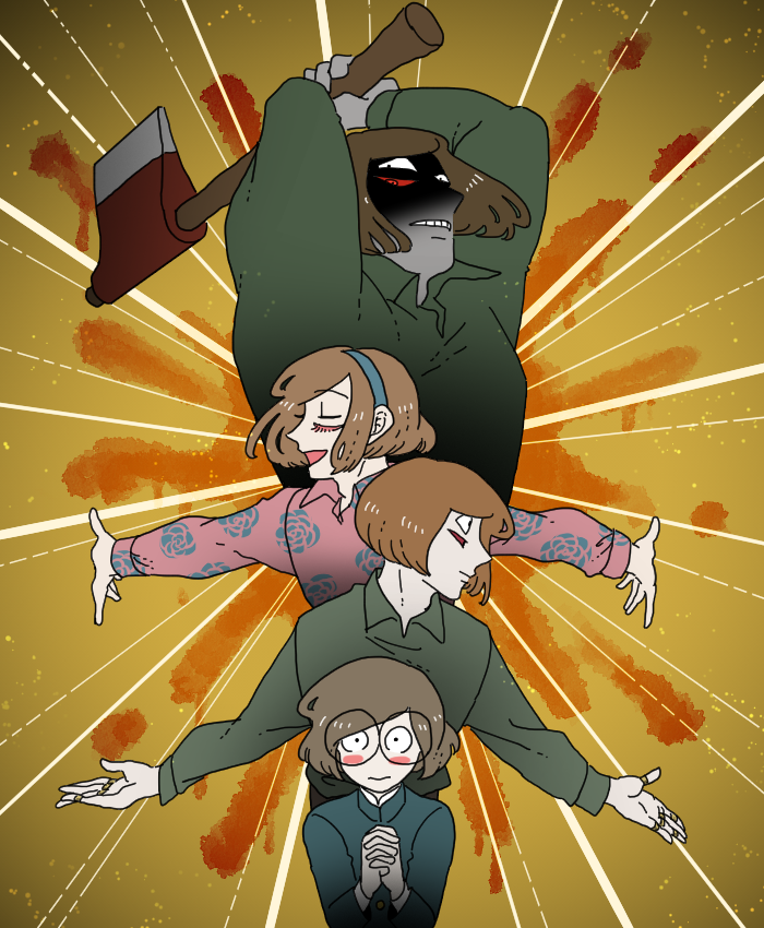 4boys, aged_down, akaiti, axe, axe_luther, blood, brown_hair, dream_luther, emphasis_lines, extra_eyes, floral_print, gakuran, glasses, green_shirt, holding, holding_axe, luther_von_ivory, male_focus, multiple_boys, multiple_persona, outstretched_arms, own_hands_clasped, own_hands_together, pink_shirt, randal's_friends, round_eyewear, school_uniform, shaded_face, shirt, short_hair, yellow_background