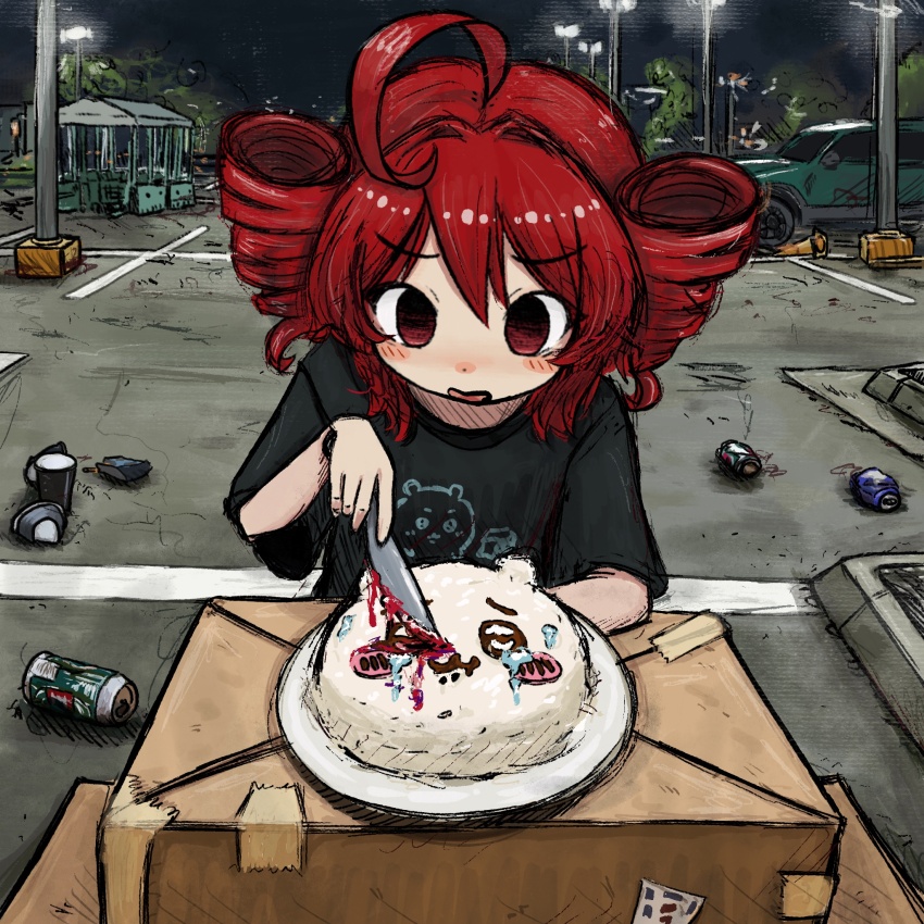 1girl, :3, ahoge, bear, beer_can, black_shirt, black_sky, blush, blush_stickers, box, bubbacterial, cake, can, car, cardboard_box, character_cake, character_print, chiikawa, chiikawa_(character), cigarette_pack, cup, cutting, disposable_cup, drill_hair, drink_can, empty_eyes, food, furrowed_brow, gradient_eyes, hair_between_eyes, hair_intakes, highres, holding, holding_knife, kasane_teto, kitchen_knife, knife, lamppost, litter, long_hair, motor_vehicle, multicolored_eyes, nervous_smile, night, nose_blush, on_ground, outdoors, parking_lot, parted_lips, plate, print_shirt, raised_eyebrows, red_eyes, red_hair, serving, shirt, short_sleeves, sitting, sketch, sky, smile, soda_can, solo, sports_utility_vehicle, t-shirt, tape, tearing_up, traffic_cone, trash, tree, twin_drills, utau, v-shaped_eyebrows, worried