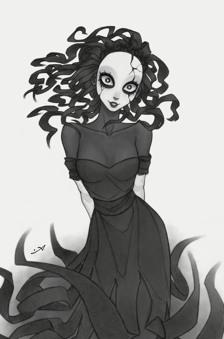 1girl, absurdres, arm_behind_back, breasts, broken_mask, cleavage, commentary, contrapposto