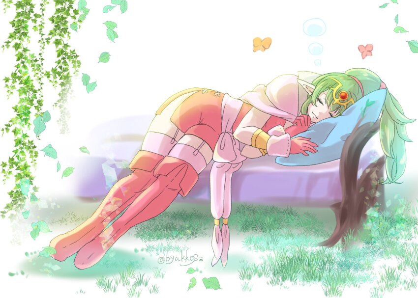 1girl, boots, byakkos, closed_eyes, closed_mouth, commentary_request, dress, fire_emblem, fire_emblem_awakening, gloves, green_hair, hair_ornament, highres, long_hair, lying, nintendo, pointy_ears, ponytail, red_boots, red_dress, red_gloves, sleeping, smile, solo, tiki_(adult)_(fire_emblem), tiki_(fire_emblem), twitter_username