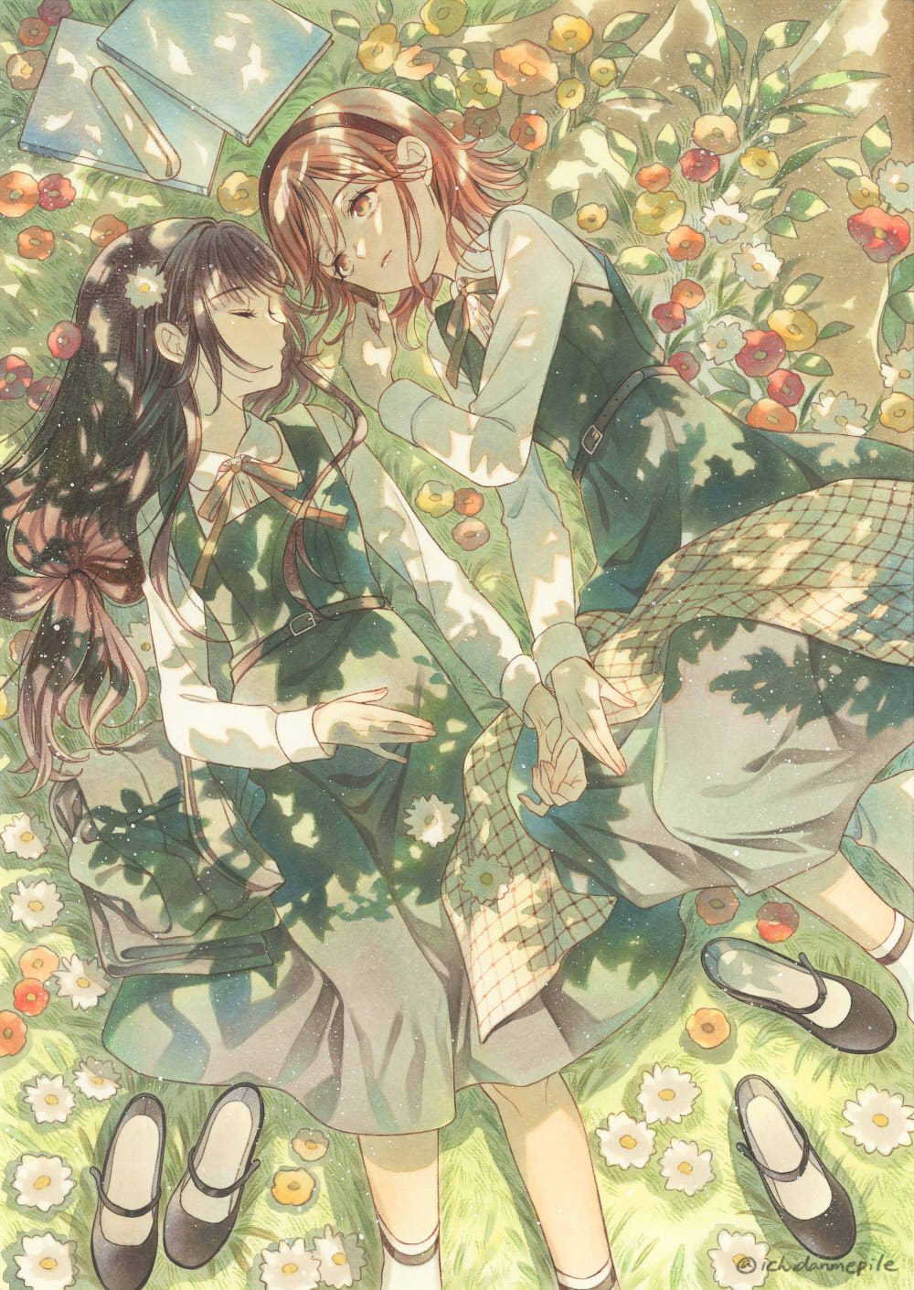 2girls, artist_name, belt, black_belt, black_hairband, black_shoes, blanket, book, brown_hair, brown_ribbon, closed_eyes, closed_mouth, collared_shirt, commentary_request, dappled_sunlight, day, dress, feet_out_of_frame, flower, flower_request, folded_clothes, from_above, grass, grey_dress, grey_jacket, hair_flower, hair_ornament, hair_over_shoulder, hairband, hand_on_own_stomach, hand_up, highres, holding_hands, jacket, light_particles, long_hair, long_sleeves, looking_at_another, low-tied_long_hair, lying, marker_(medium), mary_janes, multiple_girls, neck_ribbon, nidanmepile, on_back, on_ground, on_side, orange_flower, original, outdoors, pencil_case, pinafore_dress, red_eyes, red_flower, red_hair, ribbon, round_collar, school_uniform, shirt, shoes, short_hair, sidelocks, sleeping, sleeveless, sleeveless_dress, socks, sunlight, swept_bangs, traditional_media, turning_head, twitter_username, unworn_jacket, unworn_shoes, white_flower, white_shirt, white_socks, yellow_flower, yuri
