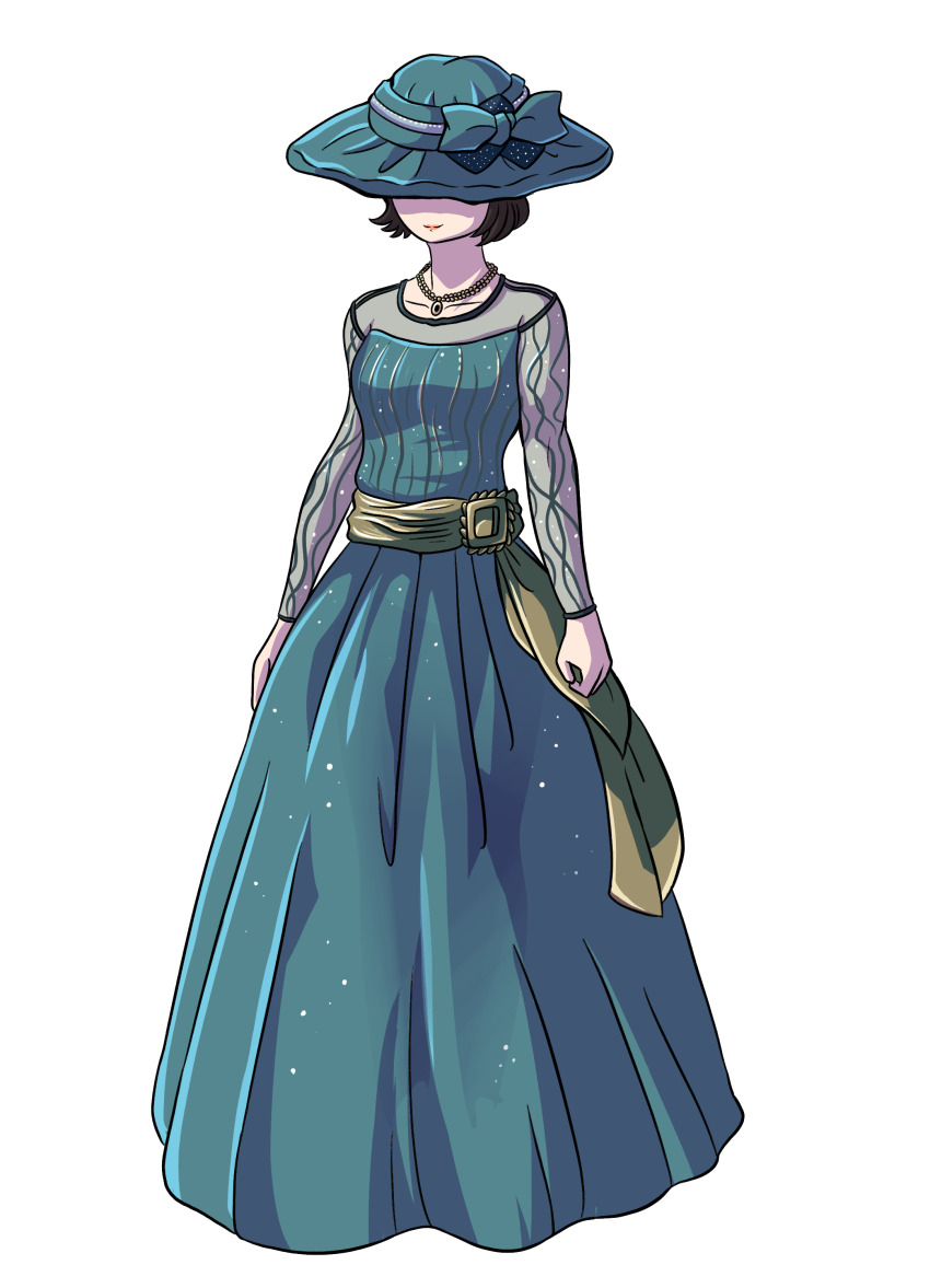 1girl, absurdres, black_hair, collarbone, ddddndn, dress, full_body, green_dress