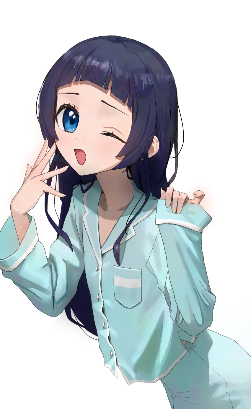 1girl, absurdres, aokaze_nana, arched_bangs, blue_eyes, blue_hair, blue_pajamas, blue_pants