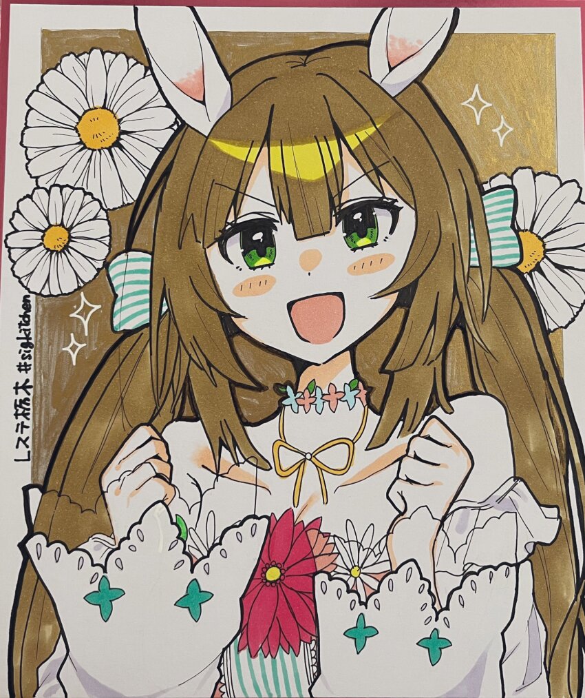 1girl, brown_hair, easter, flower, green_eyes, highres, miyuu_chitose, station_memories