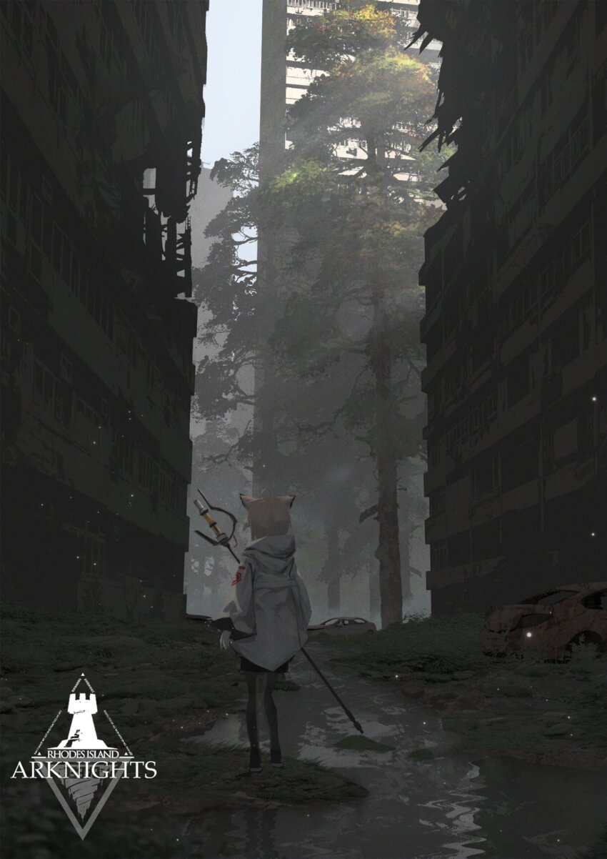 1girl, absurdres, after_rain, animal_ears, arknights, black_pantyhose, building, car, copyright_name, damaged, dark, day, fireflies, fox_ears, from_behind, full_body, gloves, grey_hair, highres, holding, holding_staff, jacket, long_sleeves, motor_vehicle, muted_color, outdoors, pantyhose, post-apocalypse, prezonya46, rhodes_island_logo_(arknights), ruins, scenery, skyscraper, solo, staff, standing, sussurro_(arknights), tree, white_gloves, white_jacket