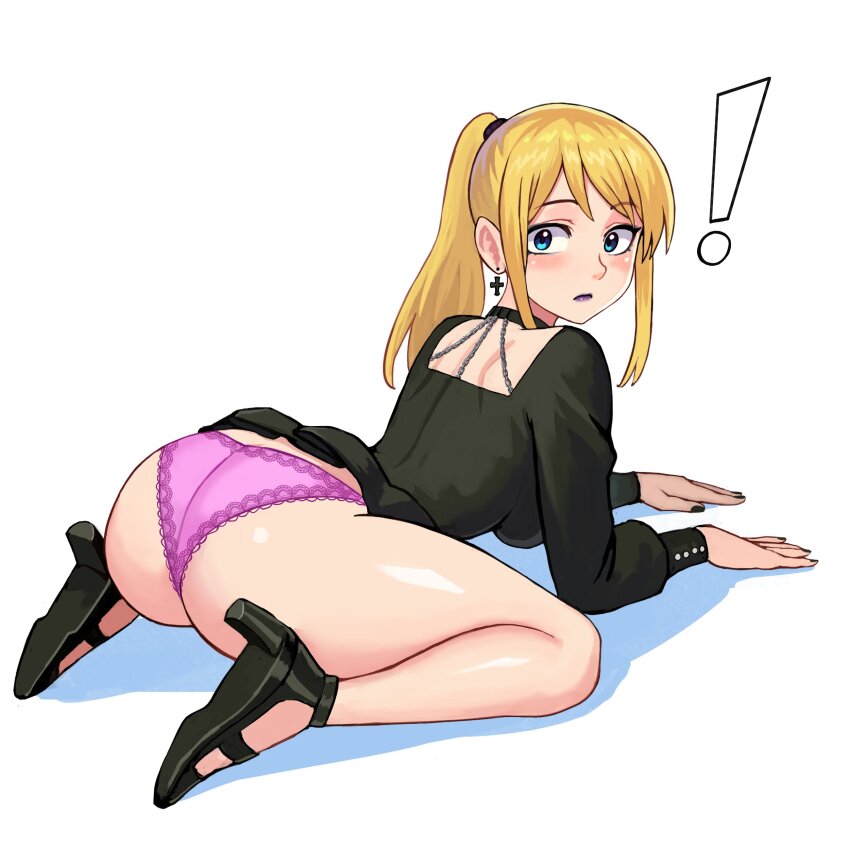 !, 1girl, absurdres, all_fours, ass, black_dress, black_lips, black_nails