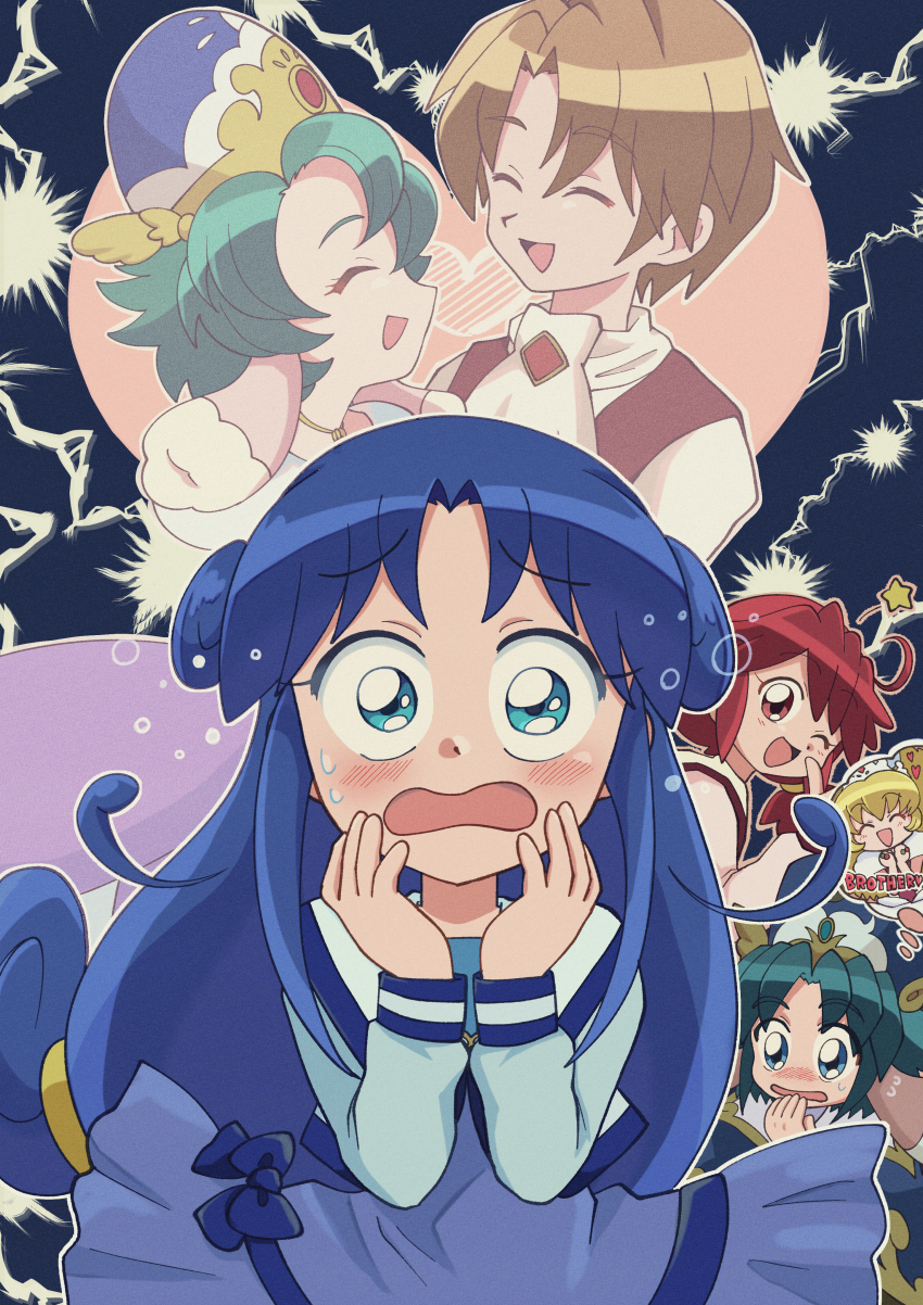 2boys, 4girls, ;d, ^_^, absurdres, ahoge, altessa_(futagohime), animal_ears, arched_crown, ascot, auraa_(futagohime), blonde_hair, blue_background, blue_capelet, blue_dress, blue_eyes, blue_hair, blue_jacket, blush, bright_(futagohime), capelet, closed_eyes, commentary, crown, curly_hair, d:, dog_ears, dress, english_text, facing_another, fine_(futagohime), flying_sweatdrops, furrowed_brow, fushigiboshi_no_futago_hime, gold_necklace, gown, green_hair, hands_on_own_face, heart, heart_background, hetero, highres, hinoki_(91011), jacket, jealous, jewelry, letterman_jacket, lightning_background, long_hair, long_sleeves, looking_at_viewer, low-tied_long_hair, low_twintails, multiple_boys, multiple_girls, multiple_rings, necklace, nose_blush, one_eye_closed, open_clothes, open_jacket, open_mouth, ornate_ring, princess, purple_dress, raised_eyebrows, red_eyes, red_hair, red_jacket, red_vest, rein_(futagohime), ring, shirt, short_dress, smile, sophie_(futagohime), speech_bubble, star_(symbol), surprised, sweatdrop, thought_bubble, thumbs_up, tiara, twintails, upper_body, vest, waistcoat, white_ascot, white_shirt, white_tiara, wide-eyed