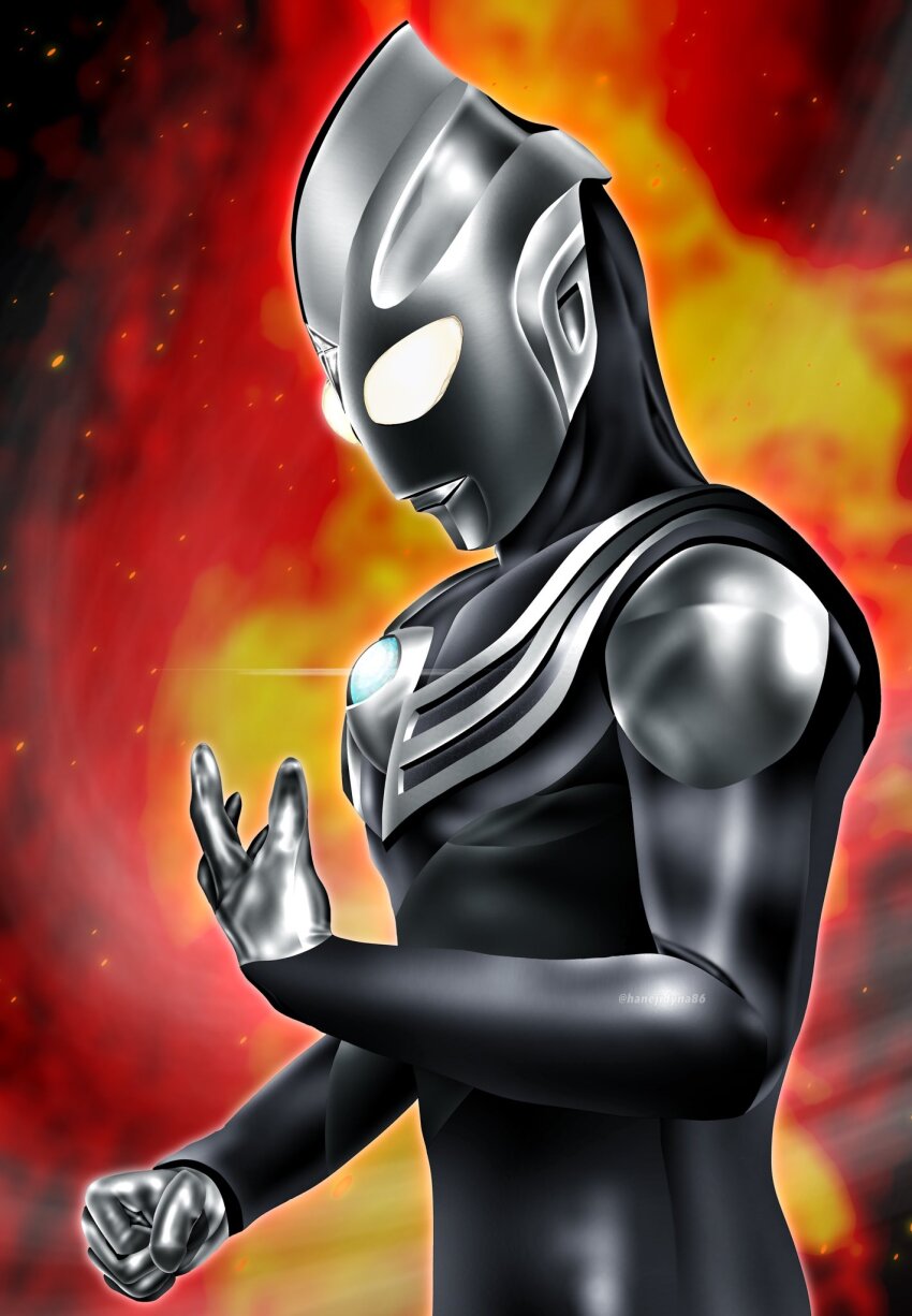 1boy, alien, armor, black_background, black_skin, breastplate, clenched_hand, color_timer