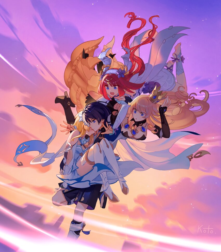 1boy, 3girls, anklet, arm_cutout, armor, artist_name, barefoot, black_bodysuit