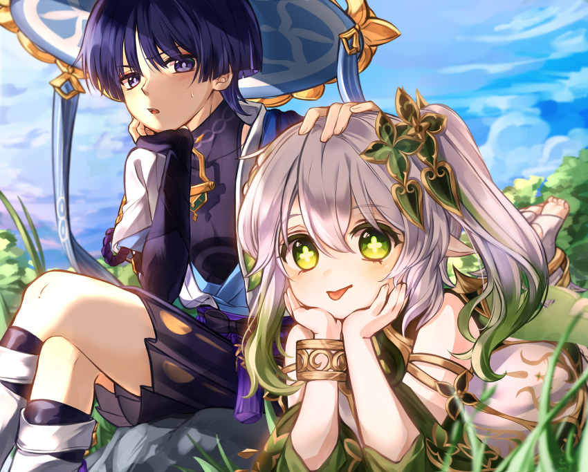 1boy, 1girl, anklet, armlet, armor, belt, black_belt, black_bodysuit