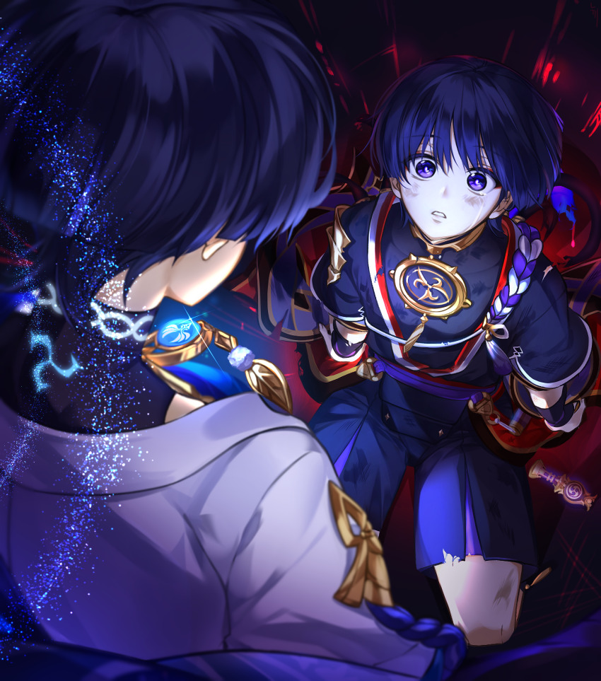 2boys, anemo_symbol_(genshin_impact), arms_at_sides, birthmark, black_hair, black_kimono, black_shorts, black_sleeves