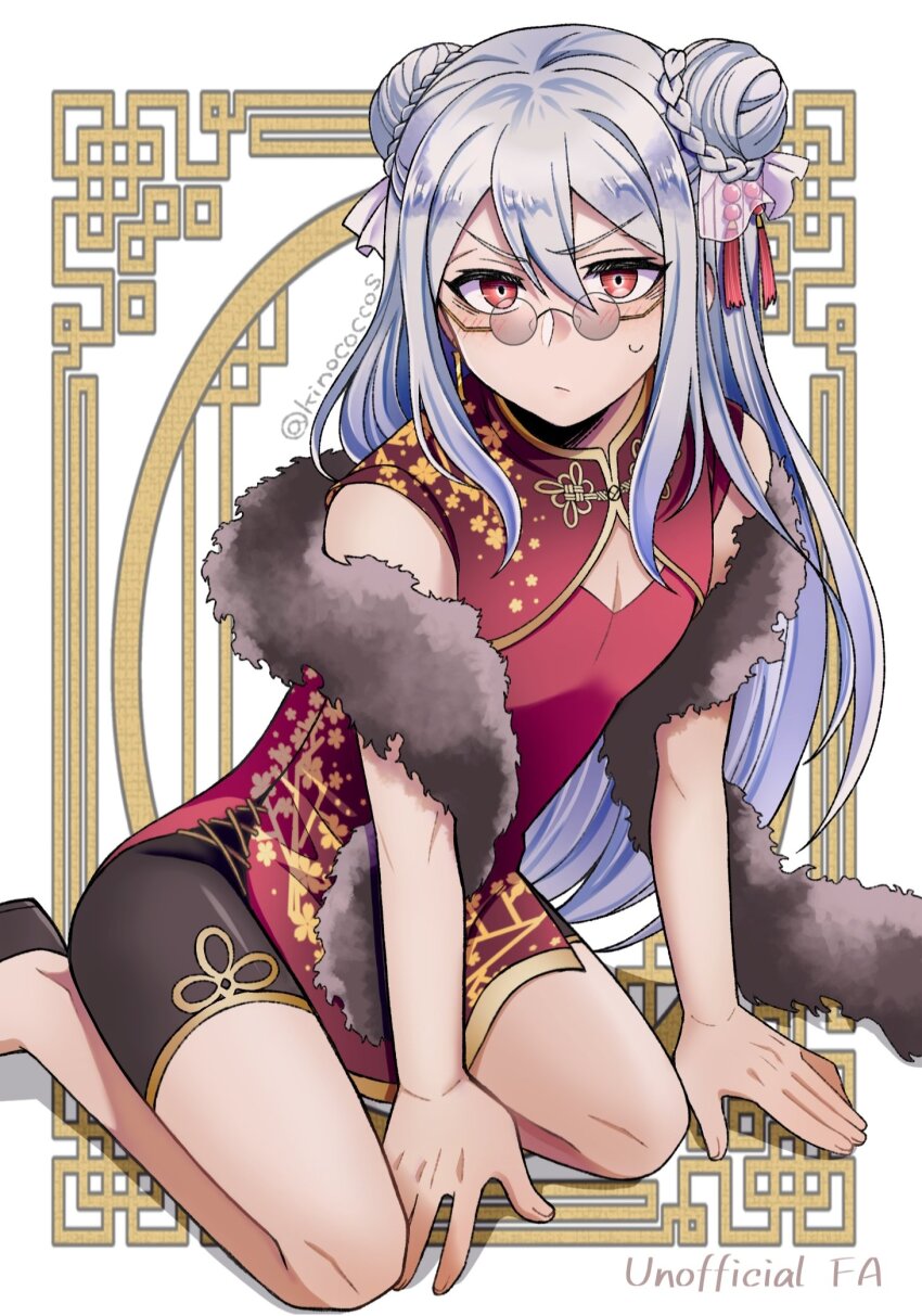 1boy, blush, braid, brown_shorts, bun_with_braided_base, china_dress, chinese_clothes, cleavage_cutout