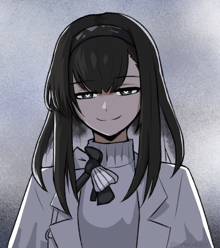 1girl, absurdres, arknights, black_hairband, brown_hair, che3zy, coat, grey_eyes