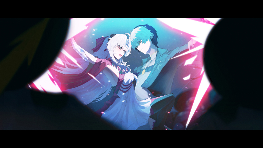 1boy, 1girl, absurdres, ahoge, black_bow, black_bowtie, black_hair, black_jacket, boots, bow, bowtie, carlotta_(wuthering_waves), dress, energy_bullet, gold_necklace, green_eyes, grey_shirt, gun, headband, headdress, high_heel_boots, high_heels, highres, holding, holding_gun, holding_sword, holding_weapon, jacket, jewelry, light_particles, light_rays, light_trail, long_hair, male_rover_(wuthering_waves), multicolored_eyes, necklace, night, okuta_rimu, open_clothes, open_jacket, pink_eyes, rover_(wuthering_waves), shirt, sky, sword, two-tone_eyes, weapon, white_dress, white_hair, wuthering_waves