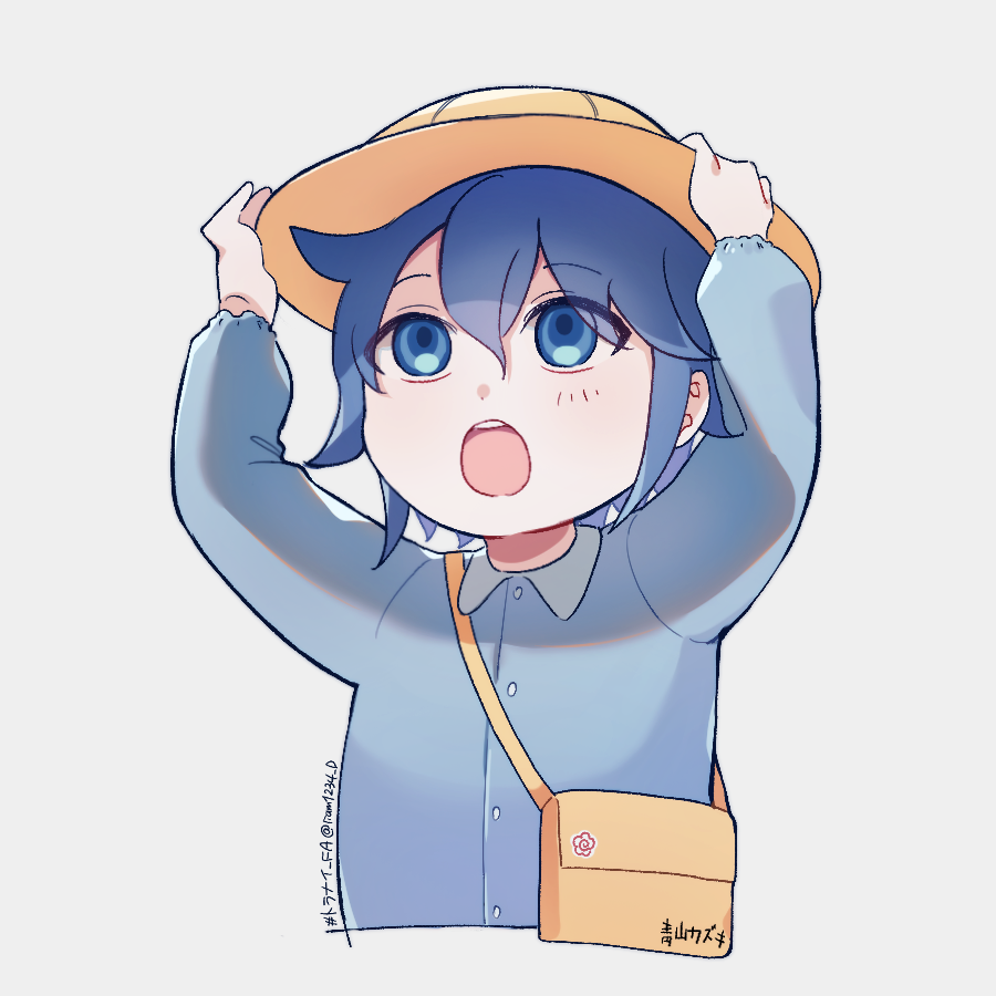 1boy, adjusting_clothes, adjusting_headwear, aged_down, aoyama_kazuki, bag, blue_eyes, blue_hair, blue_shirt, child, cropped_torso, hair_between_eyes, hat, liam1234_d, male_focus, open_mouth, shirt, shoulder_bag, simple_background, solo, teeth, tribe_nine, twitter_username, upper_teeth_only, white_background, yellow_bag, yellow_hat