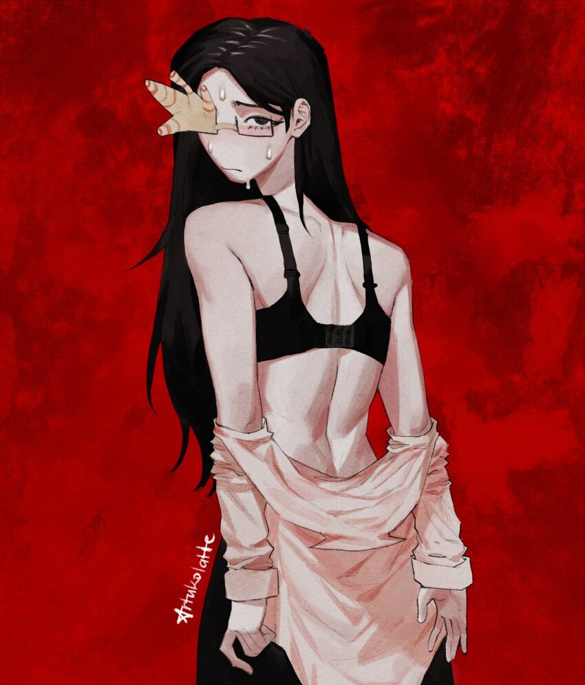 1girl, :s, artukolatte, back, bare_shoulders, black_bra, black_eyes, black_hair