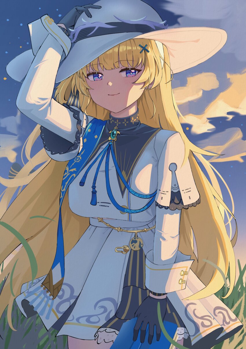 1girl, absurdres, arm_up, black_collar, black_gloves, black_ribbon, blue_rope, blue_sash