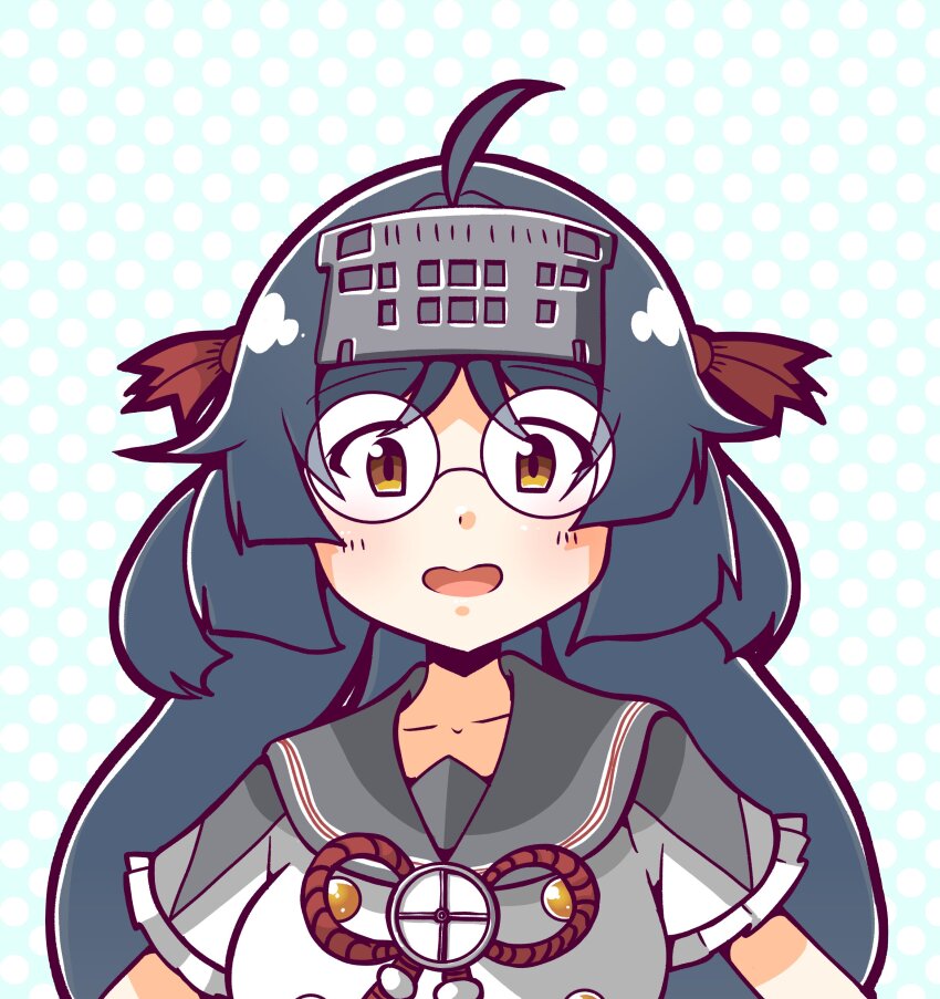 1girl, absurdres, ahoge, aqua_background, bell, black_hair, brown_eyes, grey_sailor_collar