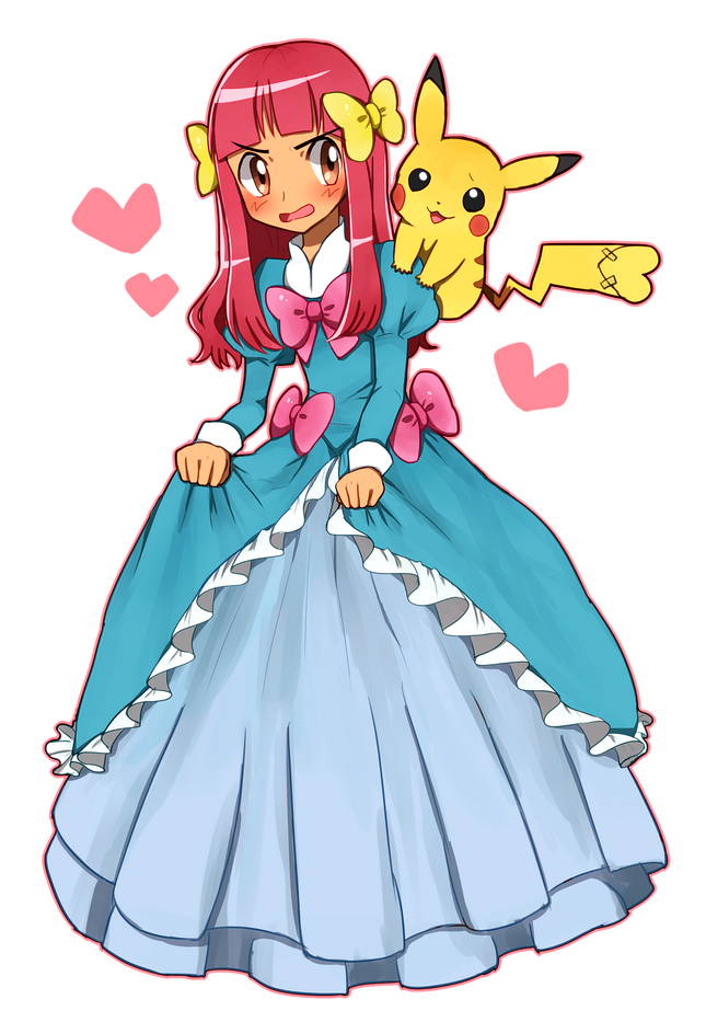 1boy, ako_(ako0905), ash_ketchum, ashley_(pokemon_bw098), blue_dress, blush, bow, commentary_request