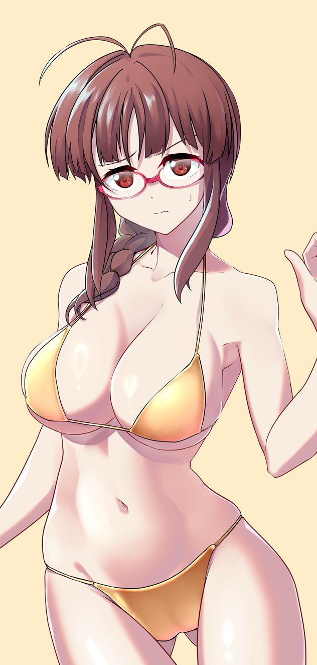 1girl, akizuki_ritsuko, antenna_hair, bikini, braid, breasts, brown_eyes, brown_hair