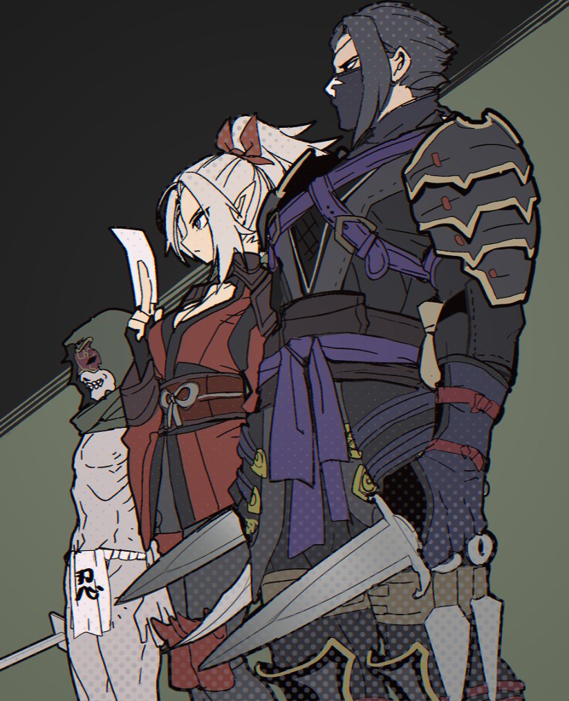 1girl, 2boys, armor, black_background, black_gloves, black_hair, black_pants, cloak, dagger, ecchuu_fundoshi, elf, fingerless_gloves, fundoshi, gloves, green_background, green_hood, high_ponytail, holding, holding_dagger, holding_knife, holding_sword, holding_weapon, holster, japanese_clothes, kimono, kiriha_(wizardry), knife, kunai, mask, mouth_mask, multiple_boys, narita_imomushi, ninja, ninja_mask, pants, pointy_ears, ponytail, protagonist_(wizardry_variants_daphne), red_kimono, red_ribbon, ribbon, rinne_(wizardry), shin_guards, simple_background, standing, sword, thigh_holster, two-tone_background, weapon, white_hair, wizardry, wizardry_variants_daphne