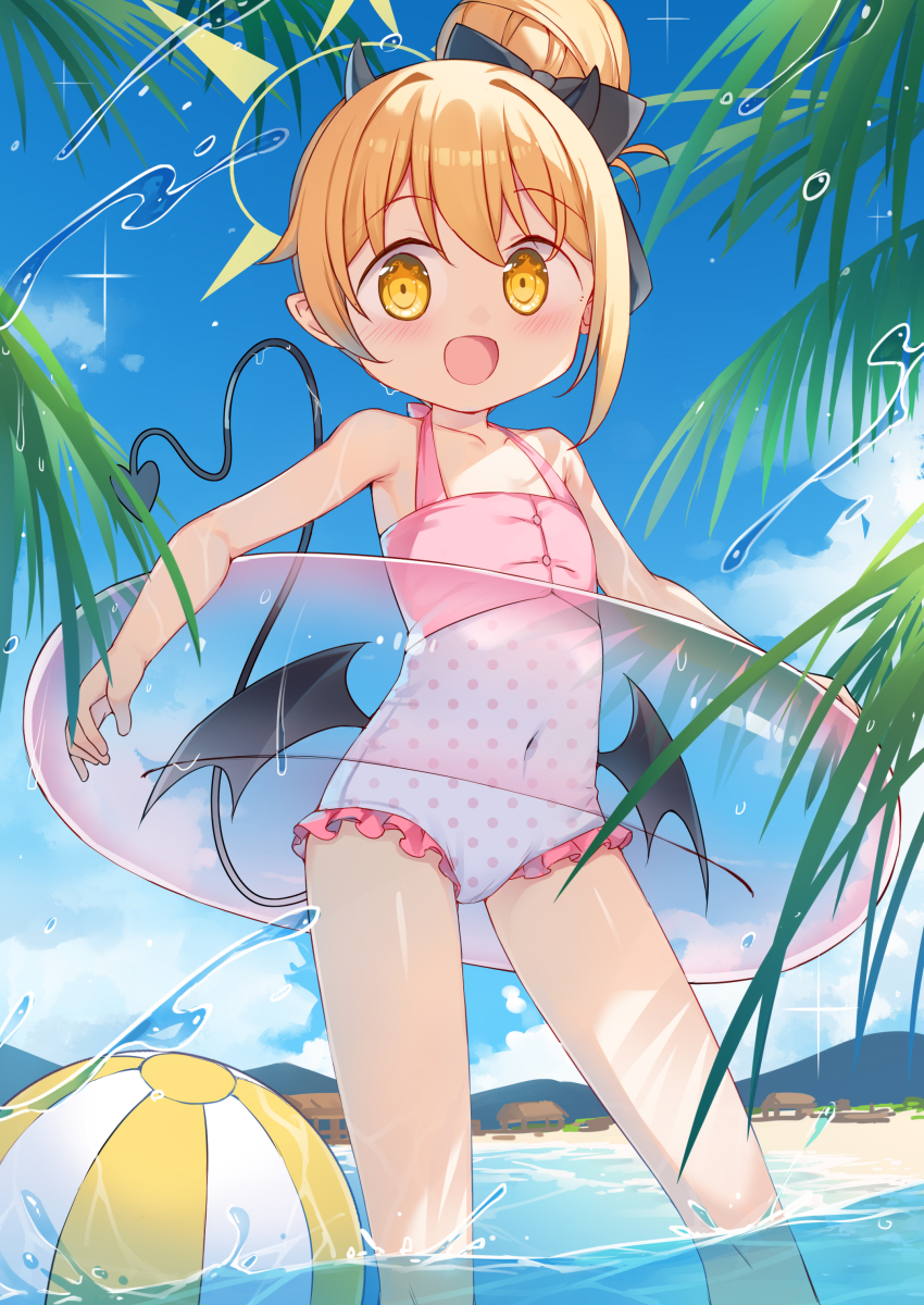 1girl, absurdres, ball, beach, beachball, black_bow, blonde_hair, blue_archive