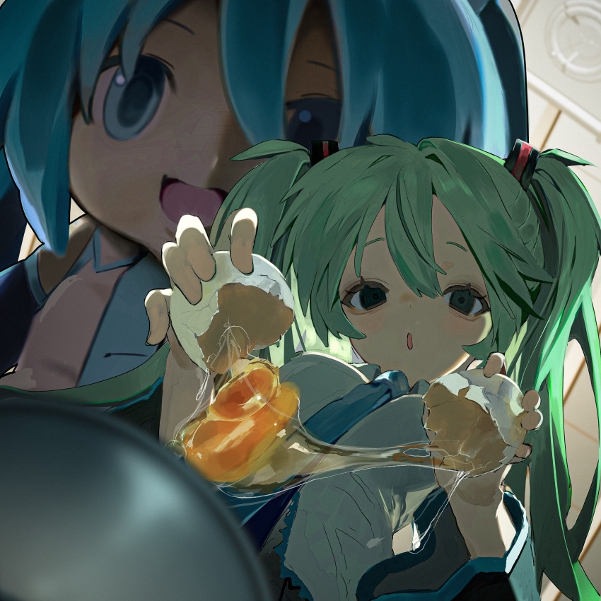 2girls, absurdres, aqua_hair, blue_eyes, blue_hair, breasts, cracking_egg, egg