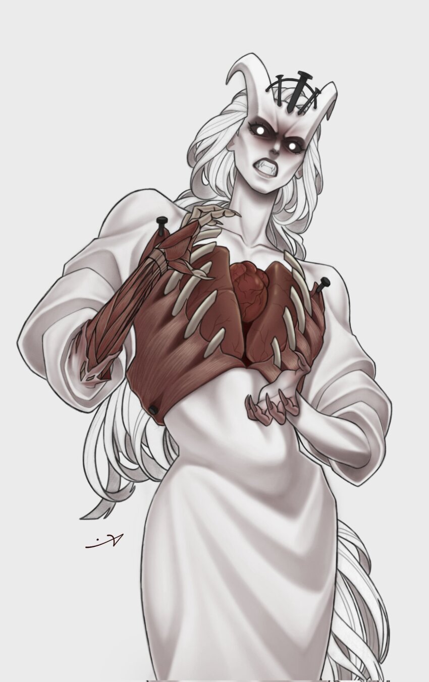 1girl, black_sclera, clenched_teeth, collarbone, colored_sclera, commentary, cowboy_shot, dress