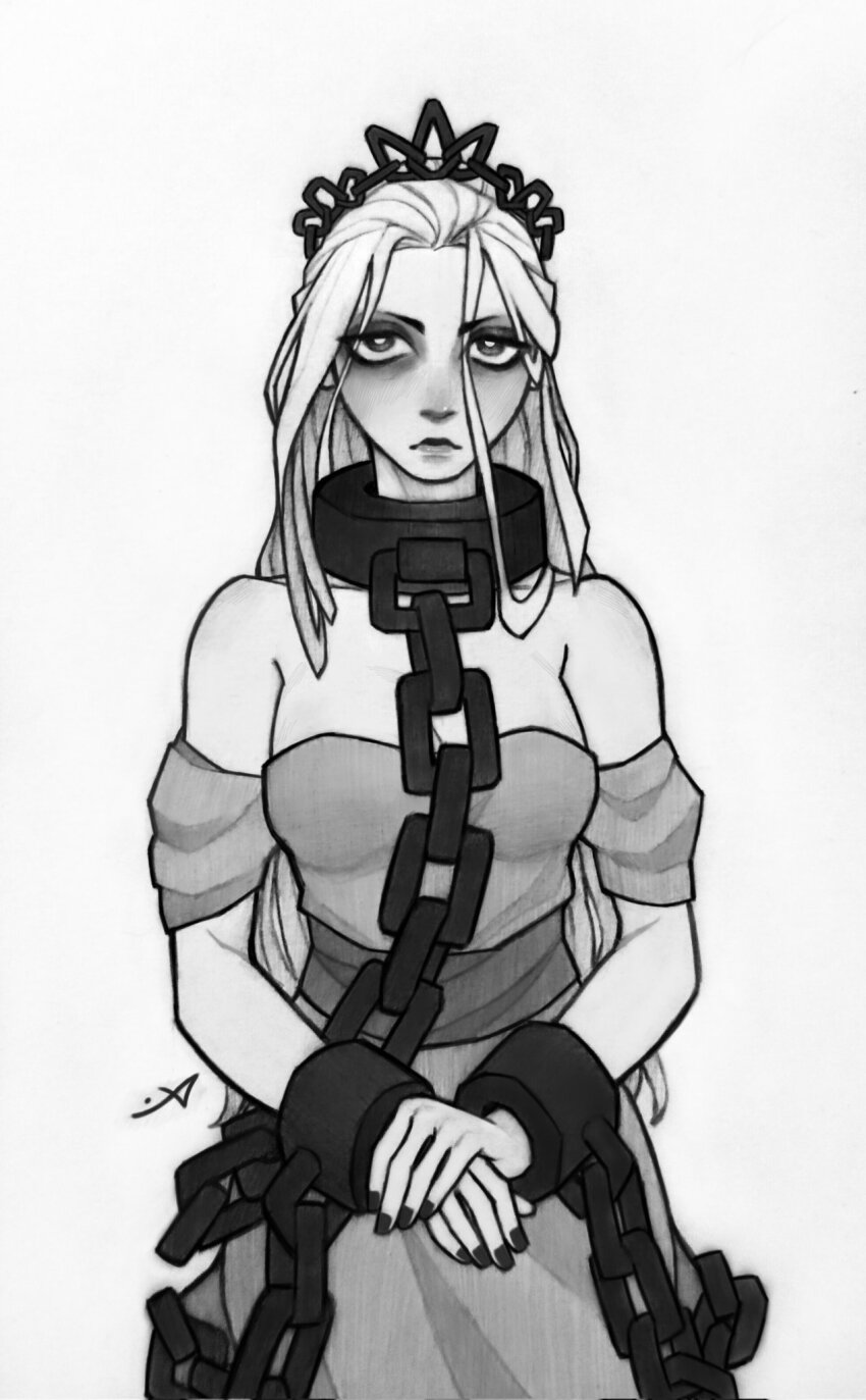 1girl, bare_shoulders, breasts, chain, chained, cleavage, commentary, cowboy_shot