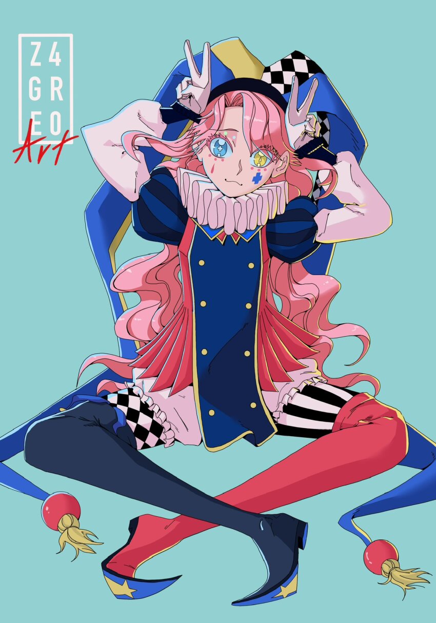 1girl, asymmetrical_footwear, blue_eyes, boots, checkered_clothes, checkered_hat, checkered_pantyhose, club_(shape), crossed_legs, diamond_(shape), gloves, hat, heterochromia, highres, jester, jester_cap, jikishirone, long_hair, madan_no_ichi, multicolored_hair, neck_ruff, pantyhose, pink_hair, puffy_sleeves, sitting, spade_(shape), streaked_hair, striped_clothes, striped_headwear, striped_pantyhose, vertical-striped_clothes, vertical-striped_headwear, yellow_eyes, z4gre0