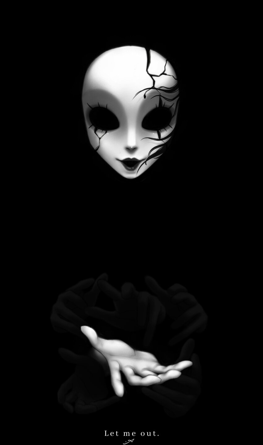 1girl, absurdres, blending, broken_mask, commentary, english_text, extra_hands, greyscale
