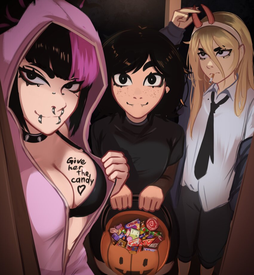 3girls, absurdres, adjusting_clothes, adjusting_headwear, black_bra, black_eyes, black_hair, blonde_hair, body_writing, bra, breasts, candy, chainsaw_man, choker, cigarette, cleavage, cosplay, doorway, dress_shirt, english_text, face_piercing, fake_horns, food, freckles, hair_through_hood, halloween, halloween_bucket, halloween_costume, han_juri, han_juri_(cosplay), highres, hood, hood_up, horns, hotel_transylvania, jessie_(veyonis), large_breasts, lip_piercing, long_hair, looking_at_viewer, mavis_dracula, mavis_dracula_(cosplay), messy_hair, mika_(veyonis), multicolored_hair, multiple_girls, necktie, nose_piercing, onesie, open_pajamas, opened_by_self, original, pajamas, piercing, pink_hair, pov_doorway, power_(chainsaw_man), power_(chainsaw_man)_(cosplay), pumpkin, septum_piercing, shirt, short_hair, smile, smoking, spiked_choker, spikes, street_fighter, street_fighter_6, trick-or-treating, turtleneck, two-tone_hair, underwear, veyonis, yuna_(veyonis)