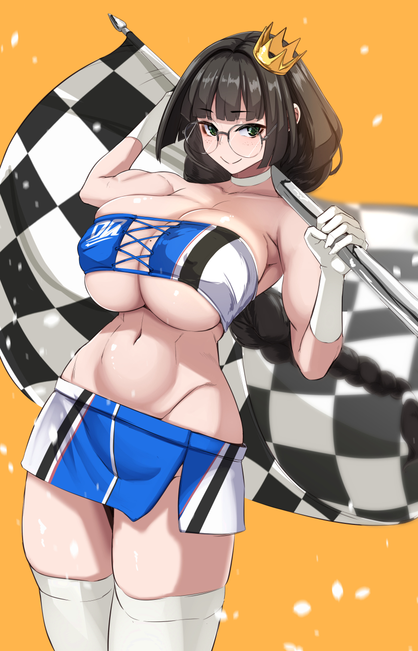 1girl, absurdres, arms_up, black_eyes, black_hair, blue_tube_top, blunt_bangs, braid