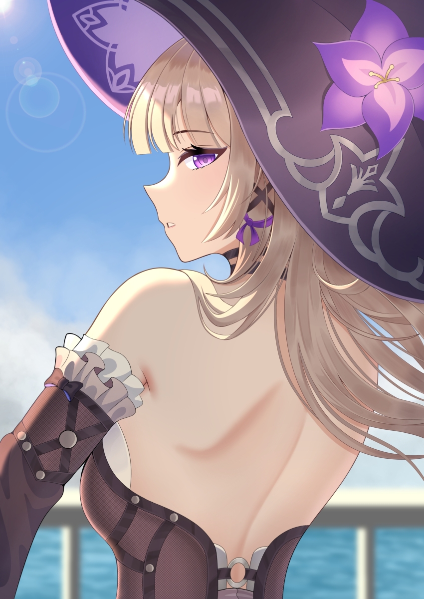 1girl, absurdres, backless_outfit, bare_back, bare_shoulders, black_hat, blue_sky, breasts