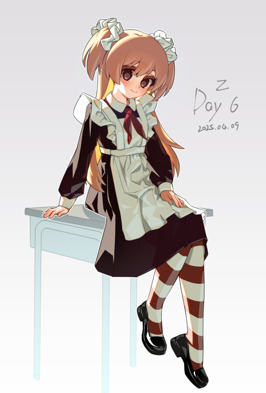 1girl, apron, black_dress, black_shoes, blonde_hair, brown_eyes, collared_dress, desk