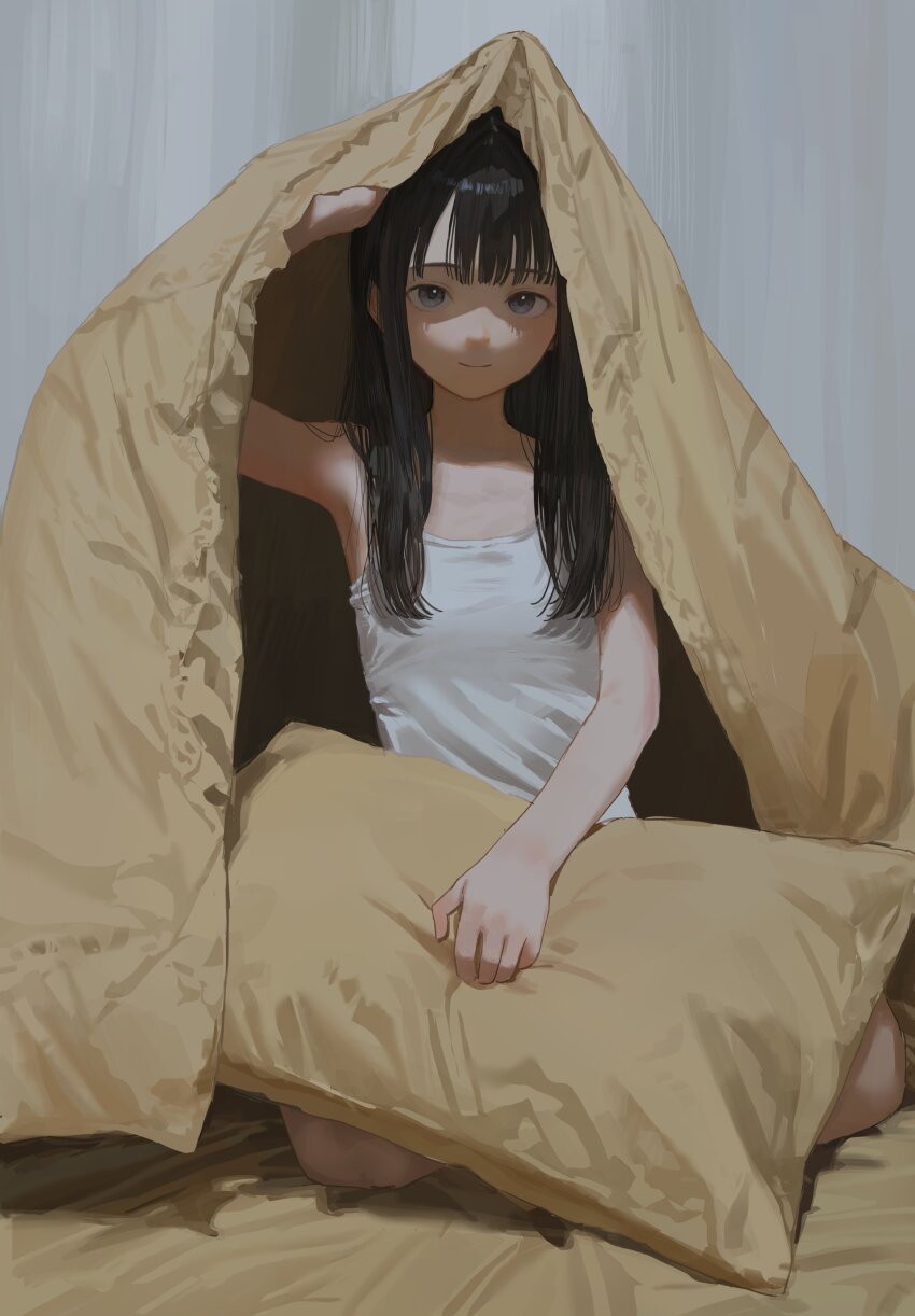 1girl, absurdres, akipeko, arm_up, bare_shoulders, black_hair, blue_eyes, blunt_bangs, brown_pillow, camisole, commentary, flat_chest, grey_background, hair_over_shoulder, highres, holding, holding_pillow, indoors, lifting_covers, long_hair, looking_at_viewer, on_bed, original, pillow, sidelocks, sitting, smile, solo, under_covers, white_camisole